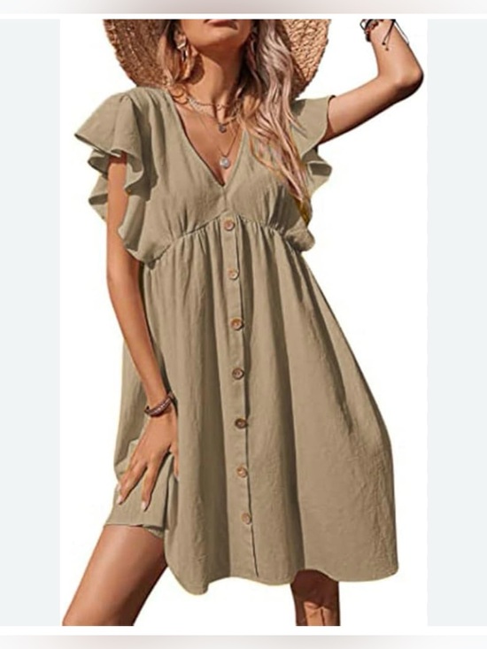 Made italy Dresses & Skirts - V-Neck Olive Green Button-Front Ruffle Sleeve Mini Dress